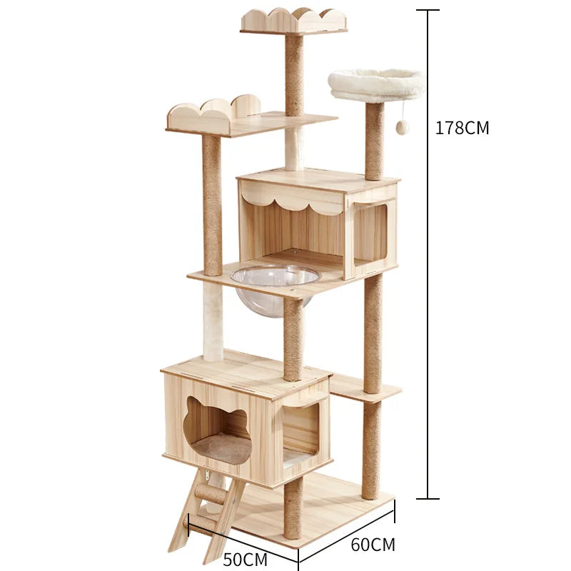 Eco-Friendly Cat Scratcher Tower with Sisal Posts and Wood Frame Cat Toys Tree Hammock Climbing Frame Carton Packed