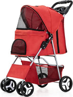 4 Wheels Pet Travel Trolley Cat Dog Jogger Stroller with Cup Holder and Storage Basket Pet Pushchair for Small Medium Cats Dogs