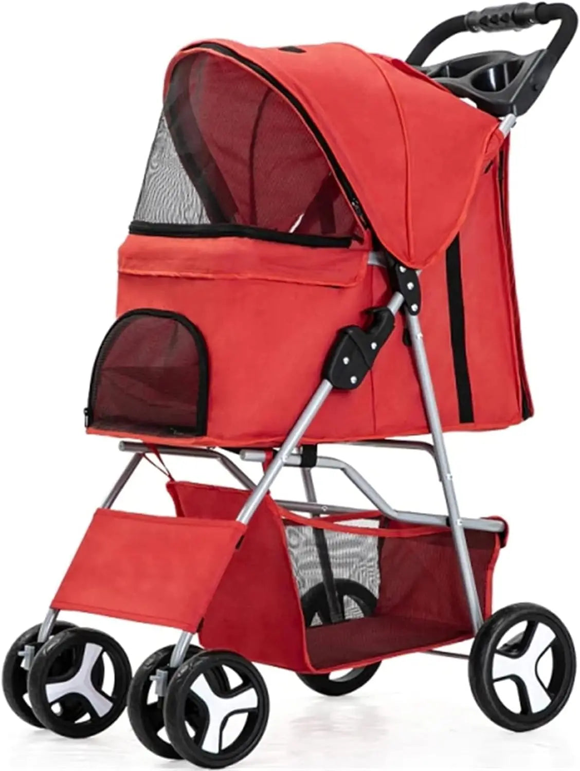 4 Wheels Pet Travel Trolley Cat Dog Jogger Stroller with Cup Holder and Storage Basket Pet Pushchair for Small Medium Cats Dogs