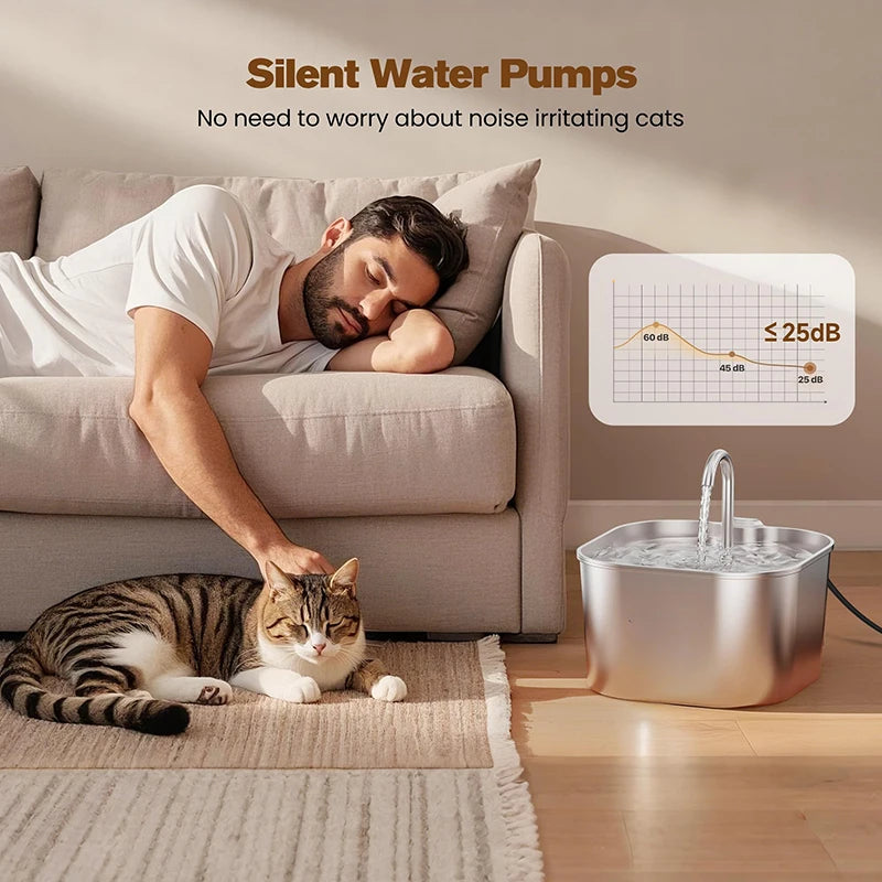 2025 New 2.2L Stainless Steel Cat Water Fountain Pet Water Dispenser Cat Water Dispenser Dual Drinking Cat Feeder