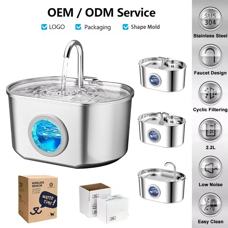 Custom 73oz/2.2L Stainless Steel Cat Water Fountain with Filter & Sponge Automatic Dog & Cat Drinking Dispenser OEM ODM