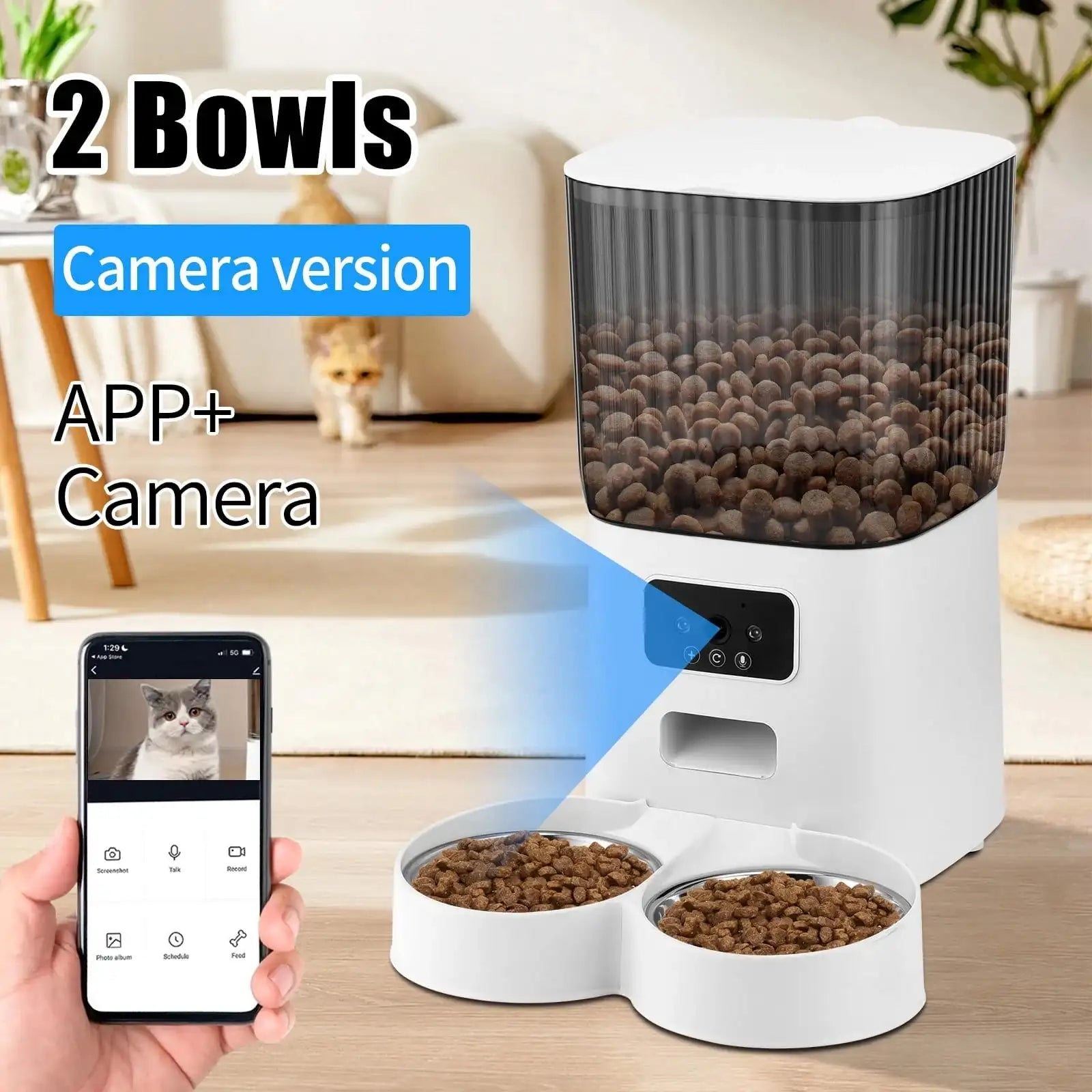 Smart Camera Automatic Cat Feeder for 2 Cats 5L Food Dispenser with 2 Stainless Steel Bowl App Control Smart Pet Feeder