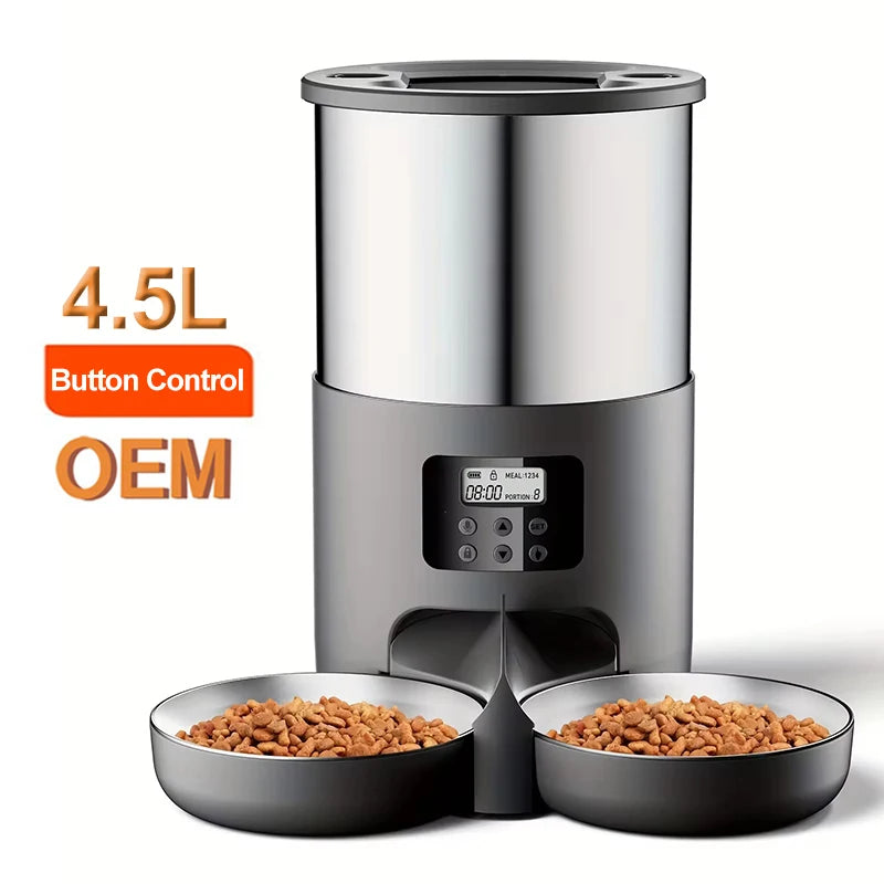 Dual Bowls Automatic Pet Feeder for Cats and Small to Medium Dogs 4.5L Stainless Steel Dispenser with Dual Power Button Control