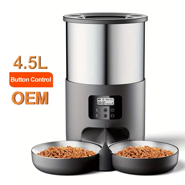 Dual Bowls Automatic Pet Feeder for Cats and Small to Medium Dogs 4.5L Stainless Steel Dispenser with Dual Power Button Control