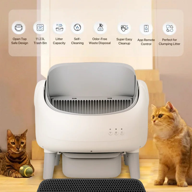 Open-Top Automatic Cat Litter Box Self-cleaning Litter Box for Cats APP Control Odor-Free Waste Disposal with Trash Bags