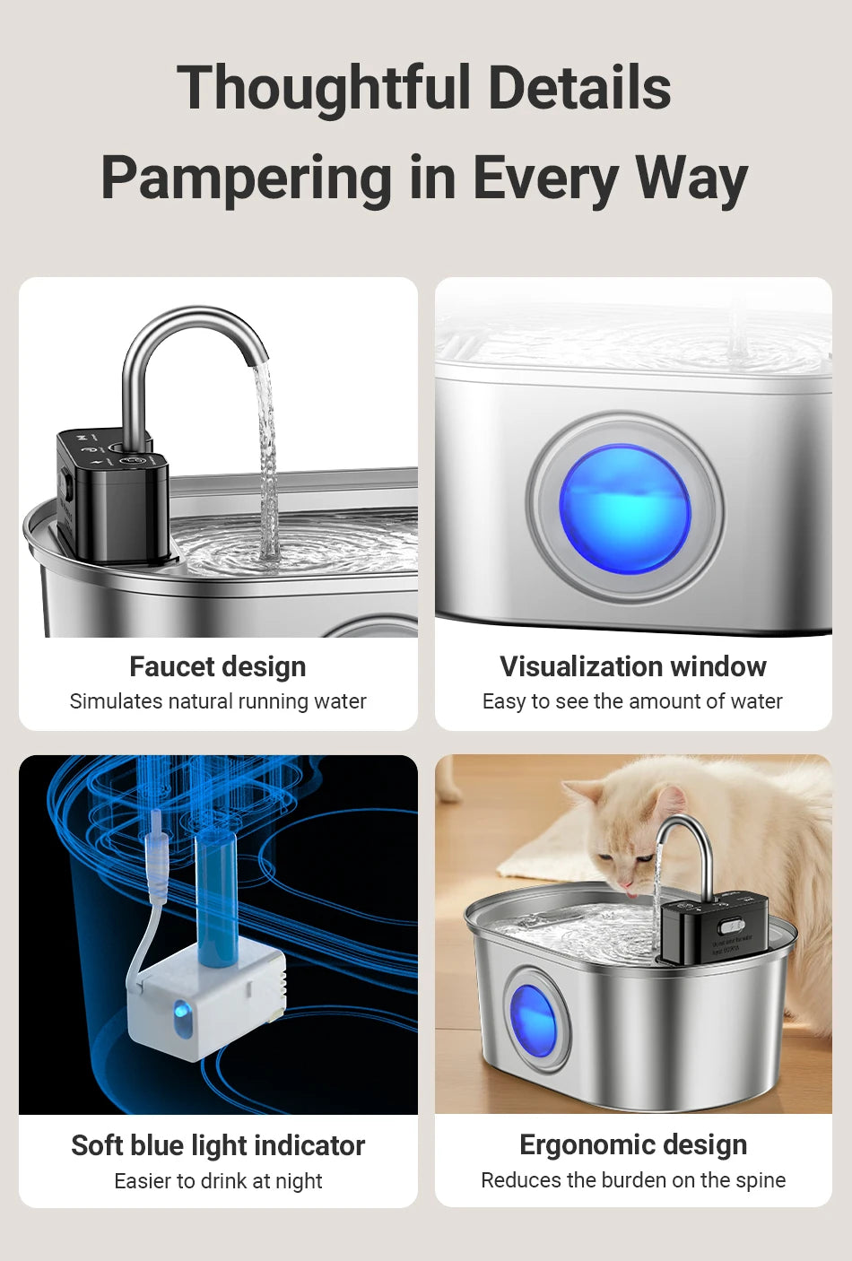 3.2L Stainless Steel Cat Water Fountain Wireless 4000mAh Smart Automatic Dog Water Dispenser Drinking Fountain