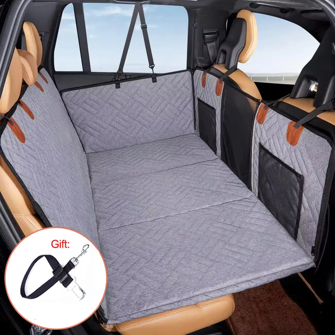Extended Dog Car Seat Cover for Back Seat Extra Larger with Safety Belt Hard Bottom Car Back Seat Extender Dogs Fit for All Cars