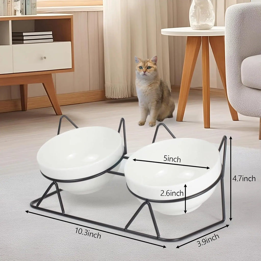Auto-Elevated 15 Degree Tilted Double Cat Bowls Indoor Raised Ceramic Pet Feeding Bowls for Water & Food