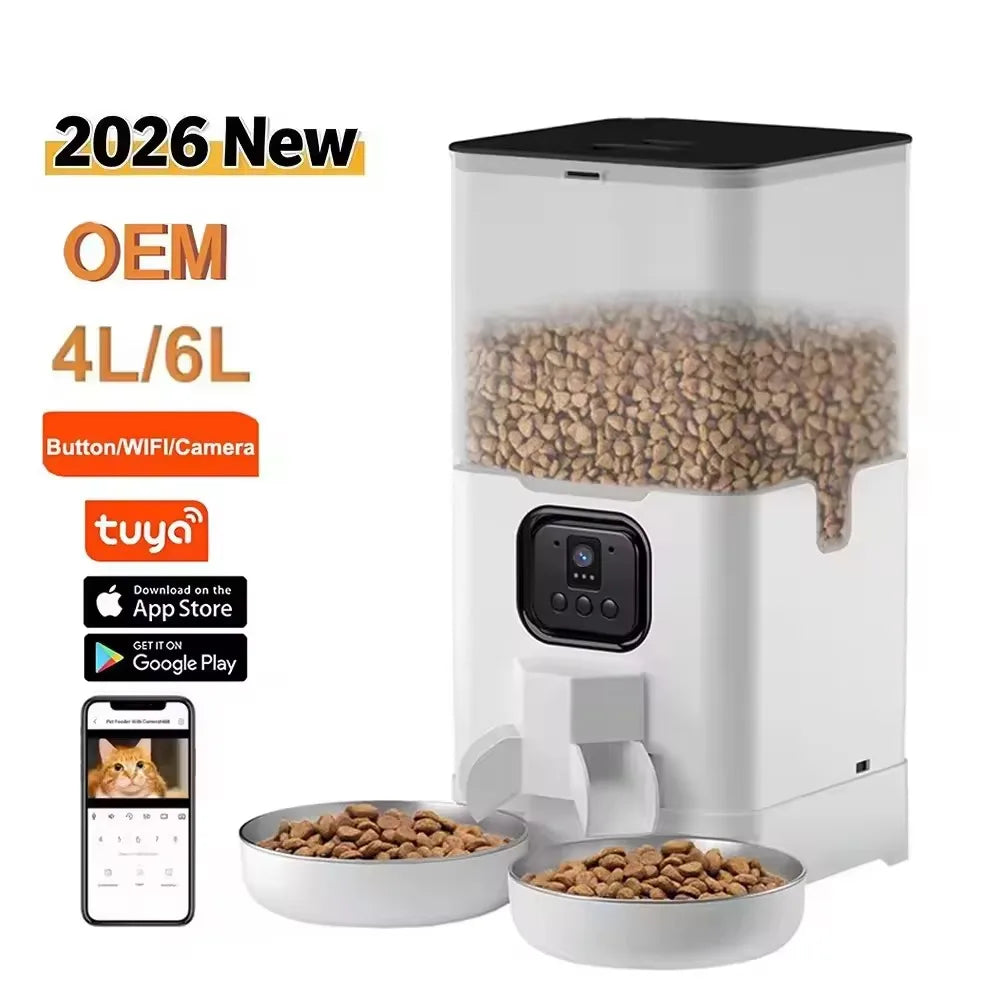 OEM 4L/6L Automatic Pet Feeder With Camera Dual Bowls Pet Food Bowl Voice Recording Smart Cat Feeder With Camera TUYA APP