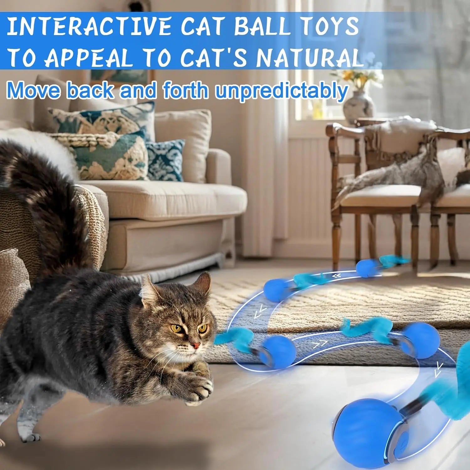 Automatic Interactive Cat Toy Ball for Indoor Cat Toys with 3 Tails 2 Speeds Rechargeable Rolling Ball for Cats with Bird Sound