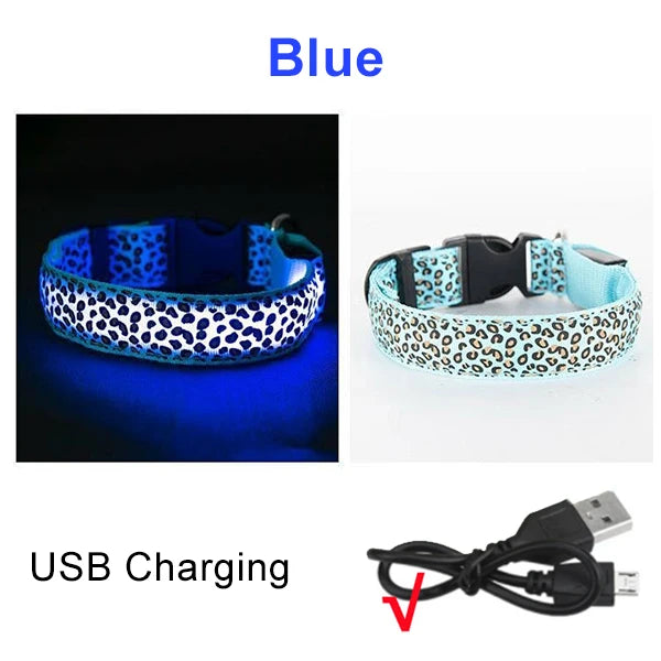 Adjustable Nylon LED Dog Collar Luminous Leopard Print Glowing Lights Electronic Pet Collars Night Safety Flashlight LED Collars