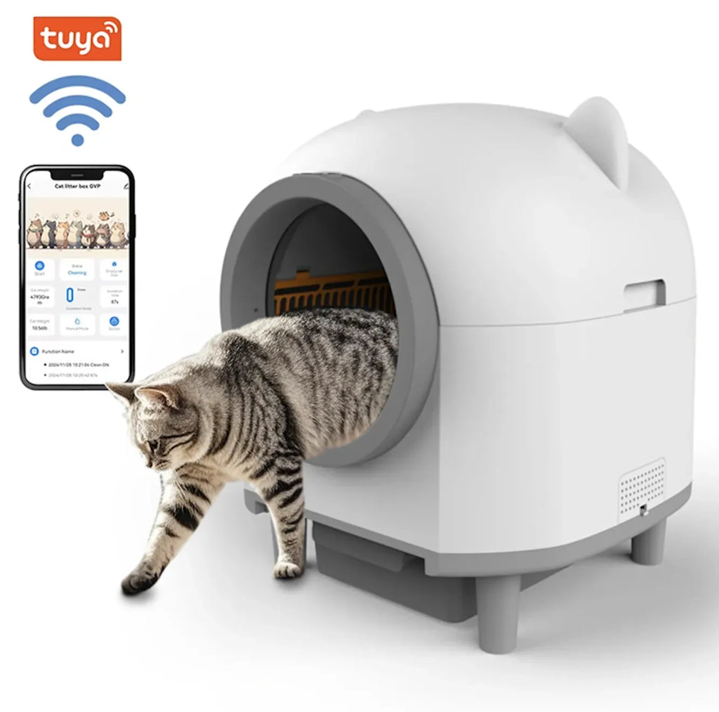 Self Cleaning Plastic Smart Litter Box for Multiple Cats 80L Automatic APP Control Odor Removal Safety