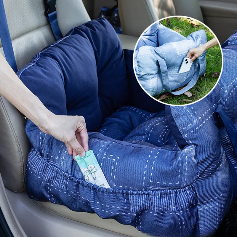 Travel Safety Bolster Vintage Denim Patchwork Dog Car Seat Bed with Safety Buckle Customized LOGO Luxury Dog Beds Pet Car Seat