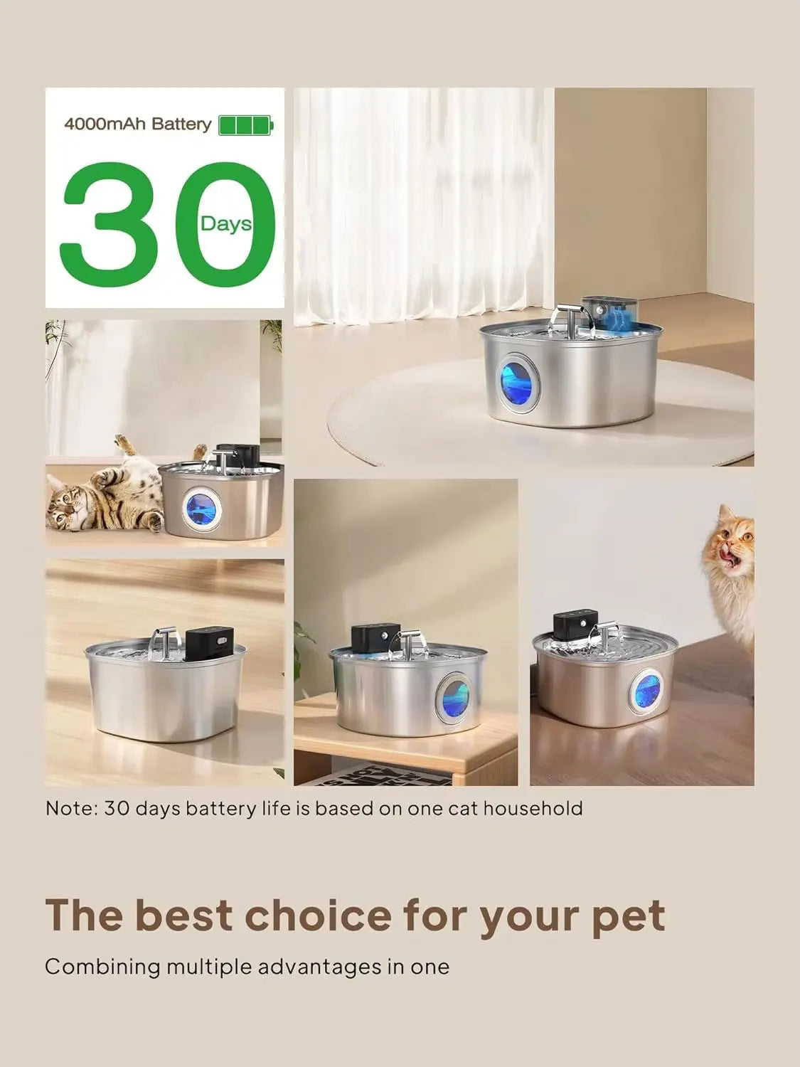 OEM 108oz/3.2L Stainless Steel Cat Water Fountain 4000mah Battery ODM Custom Wireless Automatic Drinking Fountain Dual Outlet