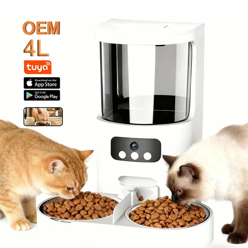 OEM 4L Smart WIFI APP Control Automatic Cat Feeder with Camera Smart Cat Feeder Stainless Steel Bowls Pet Feeder HD Pixel