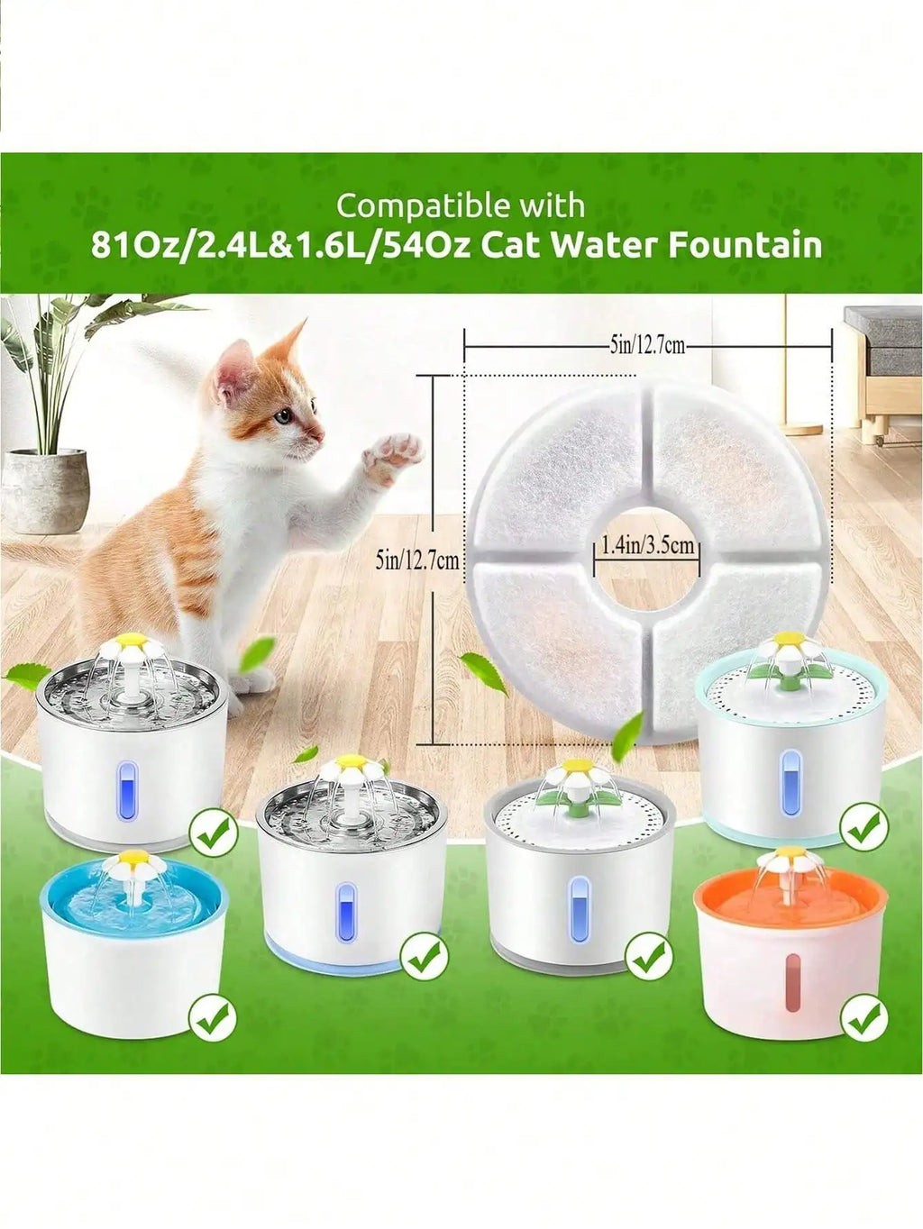 8PCS Automatic Cat Fountain Filter Replacement Compatible with 80oz/2.4L Cat Fountain Activated Carbon Filter