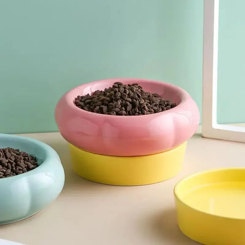 Cute Dual-Grain Ceramic Cat Bowl Anti-Overturning Can Head Plate Double-Layer Food & Water Bowl for Pets & Dogs