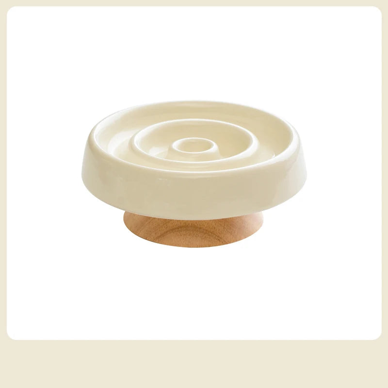 Ceramic Cat Bowl Slow Feeder Bowl for Pets Anti-Chok Cat Food and Water Dish with Neck Protection Wood Stand-for Dogs