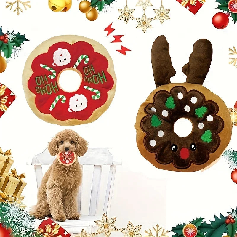 Christmas Medium Size Eco-Friendly Dog Chewing Toys Plush Sound Making Cartoon Donuts Antlers & Cotton Pet Toys