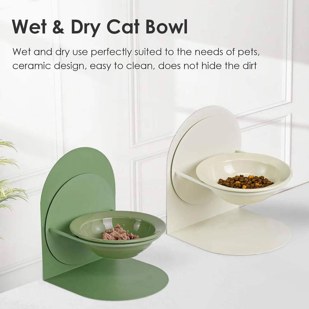Elevated Tilted Cat Bowl for Indoor Cats Raised Ceramic Cat Food Bowl with Metal Stand Non-Slip Pet Food Bowl
