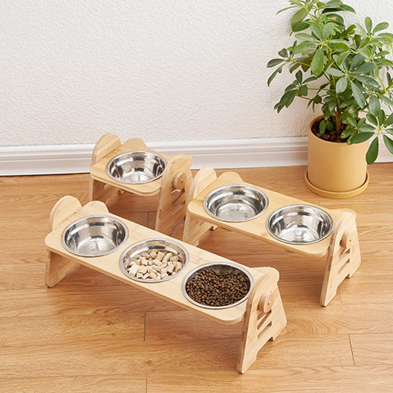 Raised Pet Ceramic Dog Bowl Adjustable Elevated Stand Bowls Neck Care Feeder for Dog Cat Food and Water Wood Ceramic Cat Bowls