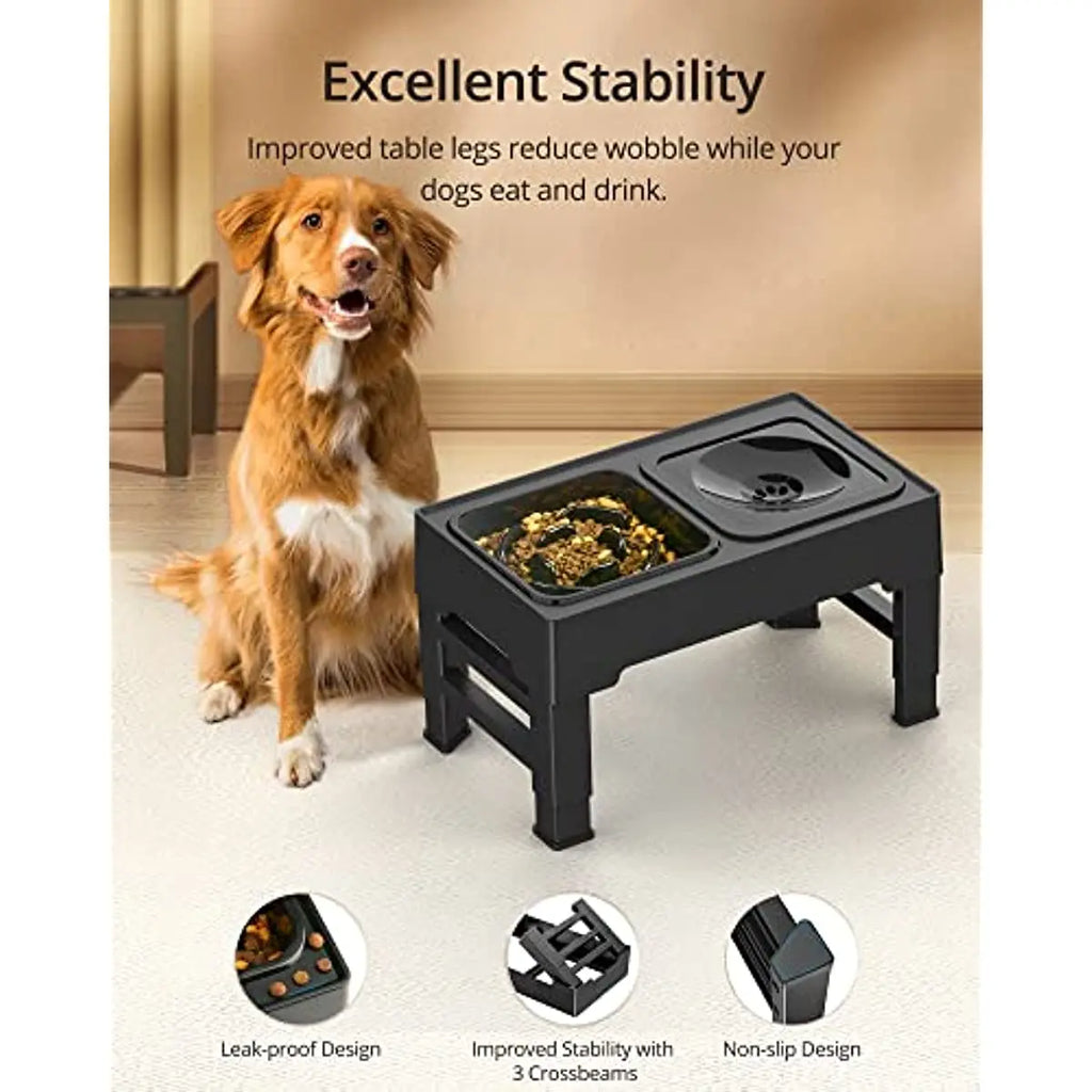 Elevated Slow Feeder Dog Bowls Raised Stand with Non Spill Dog Water Bowl Adjustable Dog Food Bowl