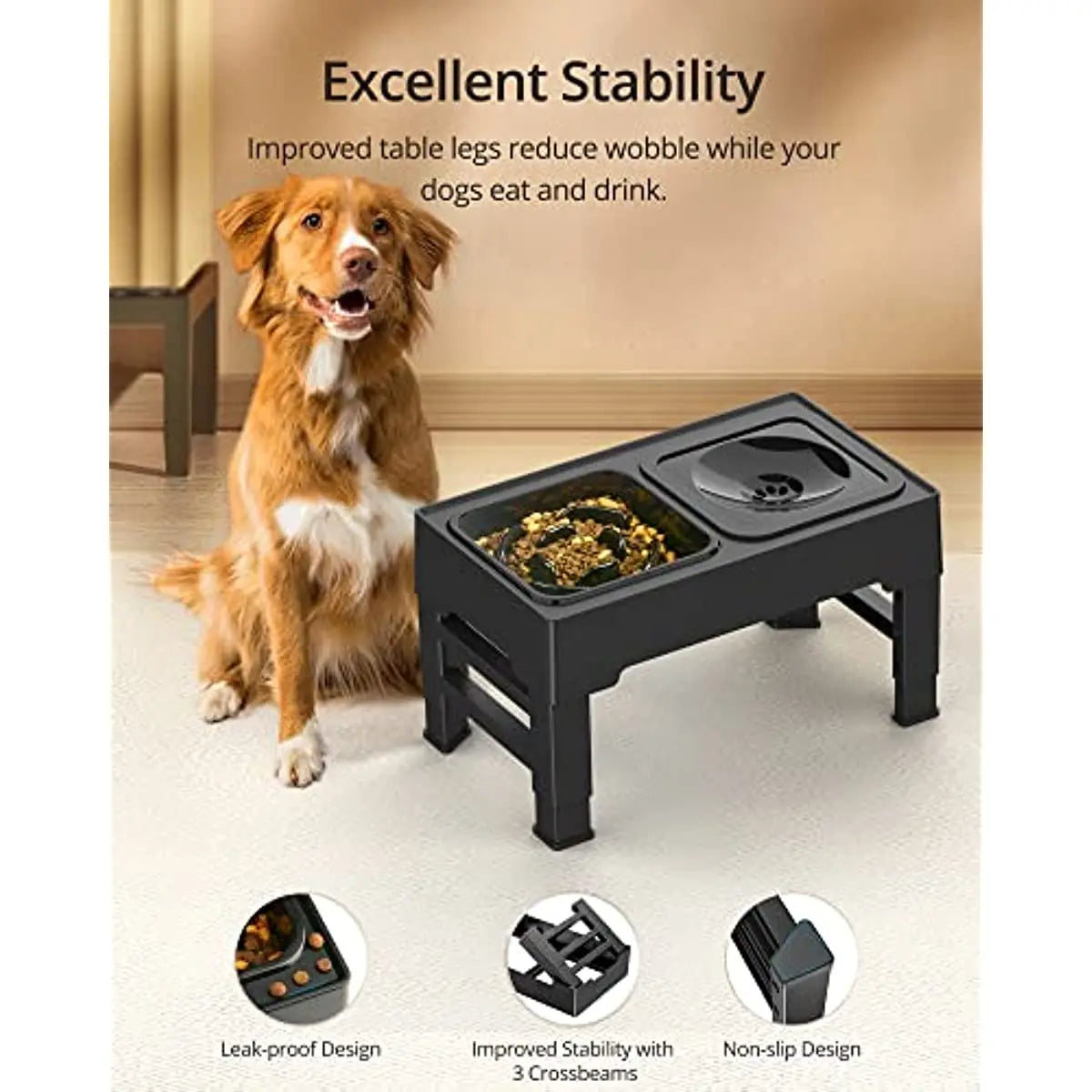 Elevated Slow Feeder Dog Bowls Raised Stand with Non Spill Dog Water Bowl Adjustable Dog Food Bowl