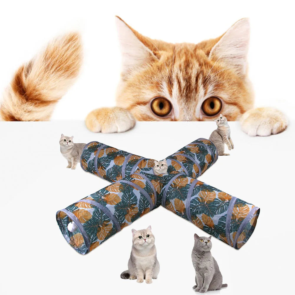 Print Cat Tunnel Tube Collapsible Foldable Cat Kitten Rabbit Play Tunnel Toys Training Interactive Funny Pet Supplies 2/3/4 Ways