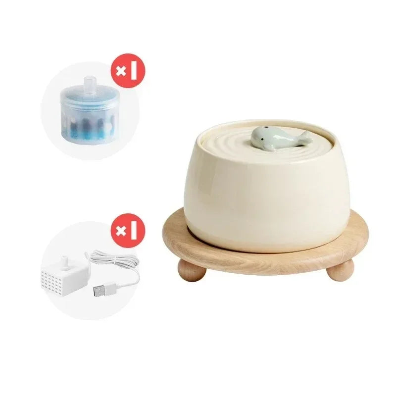 1300ml Ceramic Cat Water Fountain USB Charging Pet Drinker with Filter Automatic Cat Dog Water Dispenser with Wooden Stand Bowls