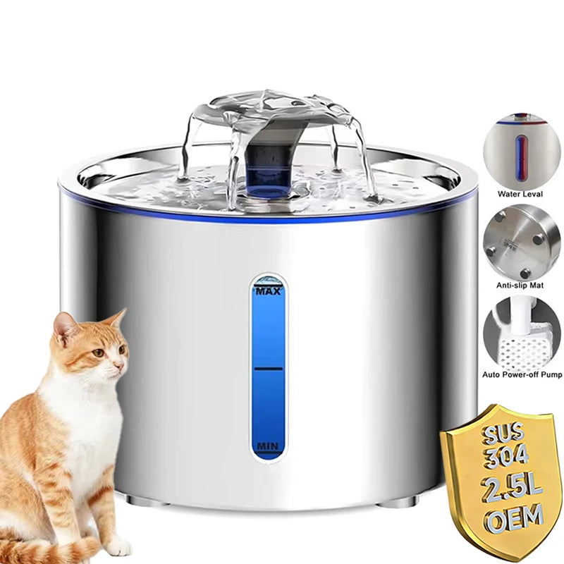 84oz/2.5L Stainless Steel Automatic Cat Water Fountain Auto Power-off Fountain with LED Light Non-slip Mat Pet Water Dispenser