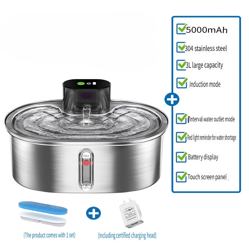 OEM 3L Automatic Cat Water Fountain Stainless Steel with Sensor Battery Cordless Pet Water Dispenser for Multiple Cats