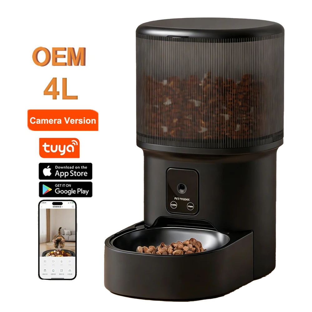 Whosale 4L Automatic Cat Feeder with Camera Pet Food Dispenser Smart Voice Recorder APP Control with Stainless Steel Bowl