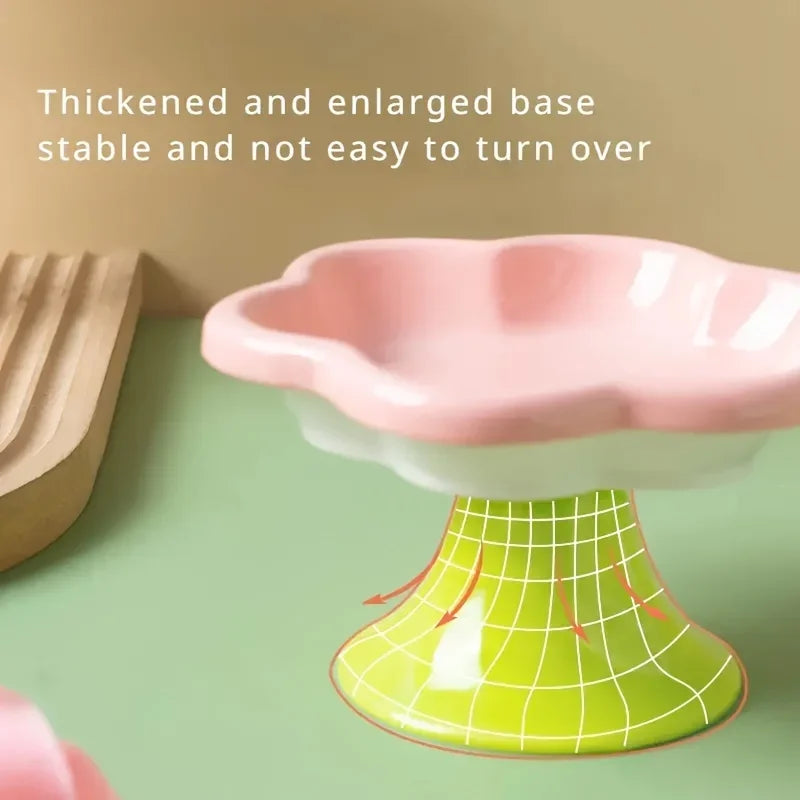 Ceramic Cat Bowl Flower Design Cat Food Bowl High Foot Water Plate Snack Dish with Stand for Neck Protection Drinking Water