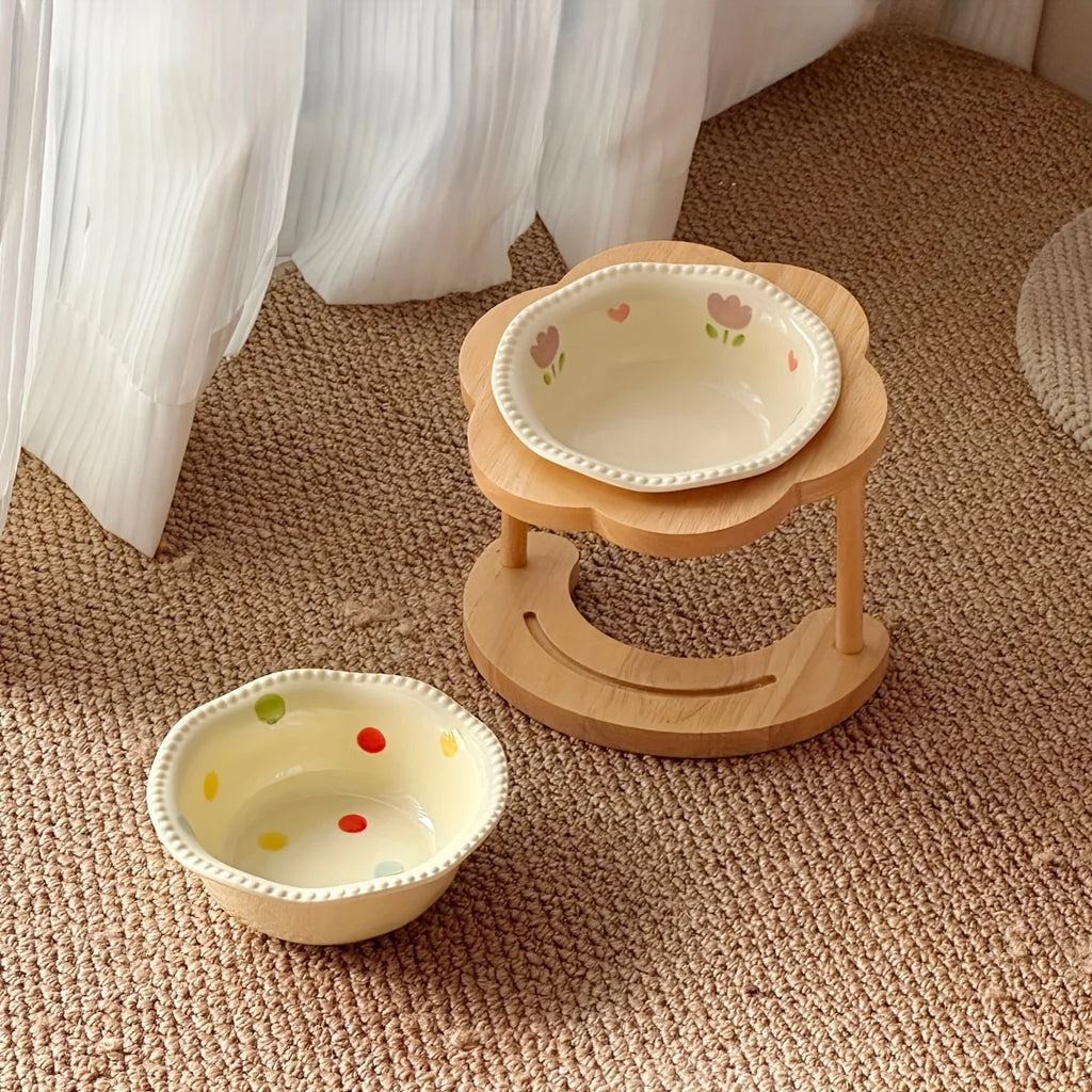 Ceramic Cat Bowl with Wooden Floral Stand Elevated Anti-Slip Pet Feeding Dish Thickened Cute Pet Bowl Set for Cat & Dog