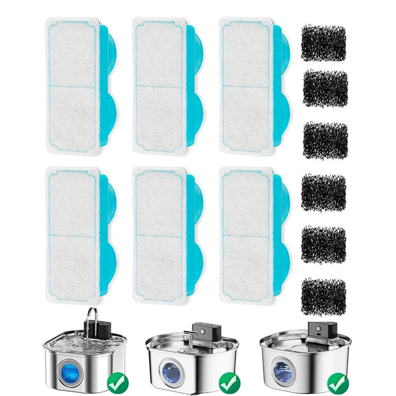 6pcs Cat Water Fountain Filters for 108oz/3.2L Wireless Cat Water Fountain Battery Operated Stainless Steel Pet Fountain