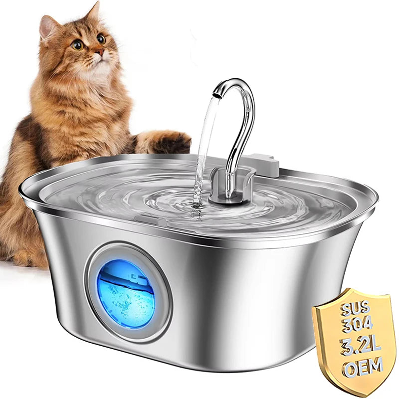 3.2L Automatic Cat Water Fountain LCD Display Stainless Steel Boat Shape Water Level Window Smart Pet Water Dispenser