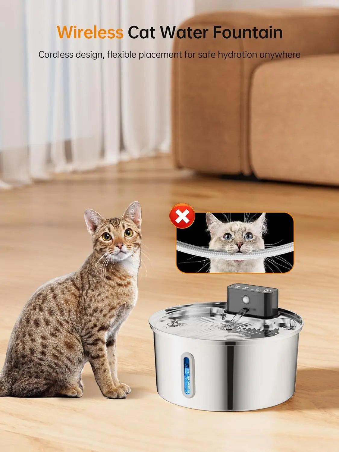 ODM OEM Wireless Stainless Steel Cat Water Fountain Portable 3.2L Automatic Water Dispenser with 4000mAh Battery and Sensor