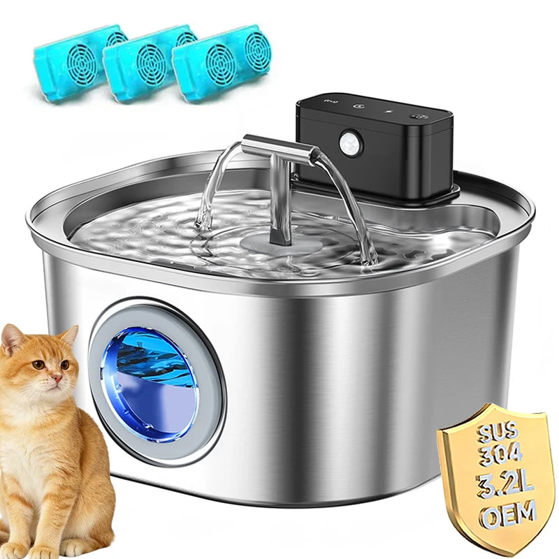 108oz/3.2L Wireless Cat Water Fountain Stainless Steel OEM 4000mah Battery Operated Automatic Pet Water Dispenser 2 1 Portable