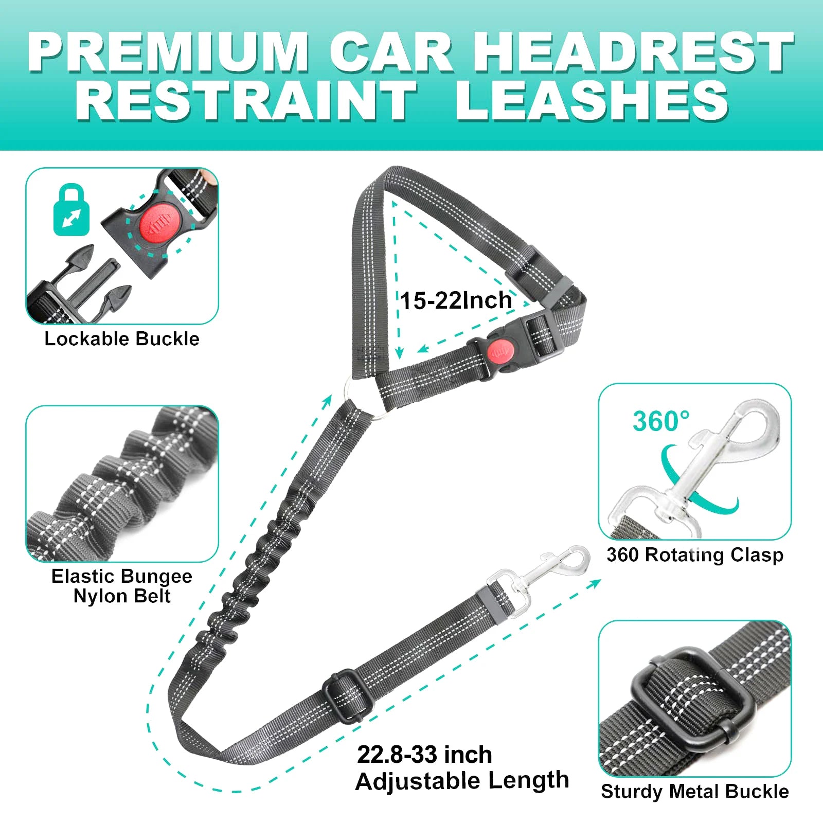 Dog Car Seat Belt Seatbelt Harness Adjustable Metal Buckle Elastic Reflective Vehicle Car Tether for Small Medium Large Dogs