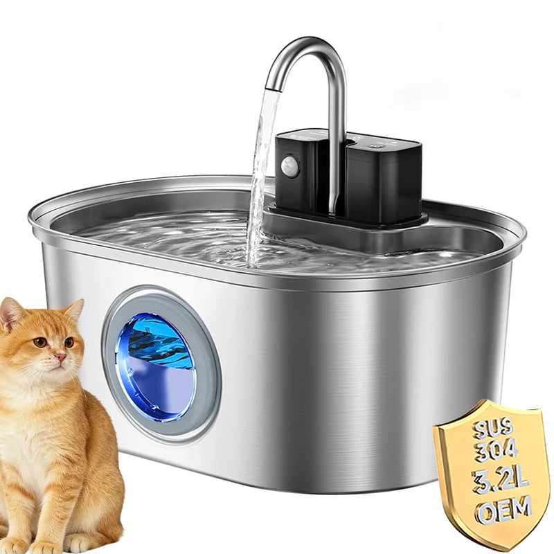 Cat Water Fountain Stainless Steel 108oz/3.2L Battery Wireless Cat Fountains for Drinking Indoor Automatic Pet Water Dispenser