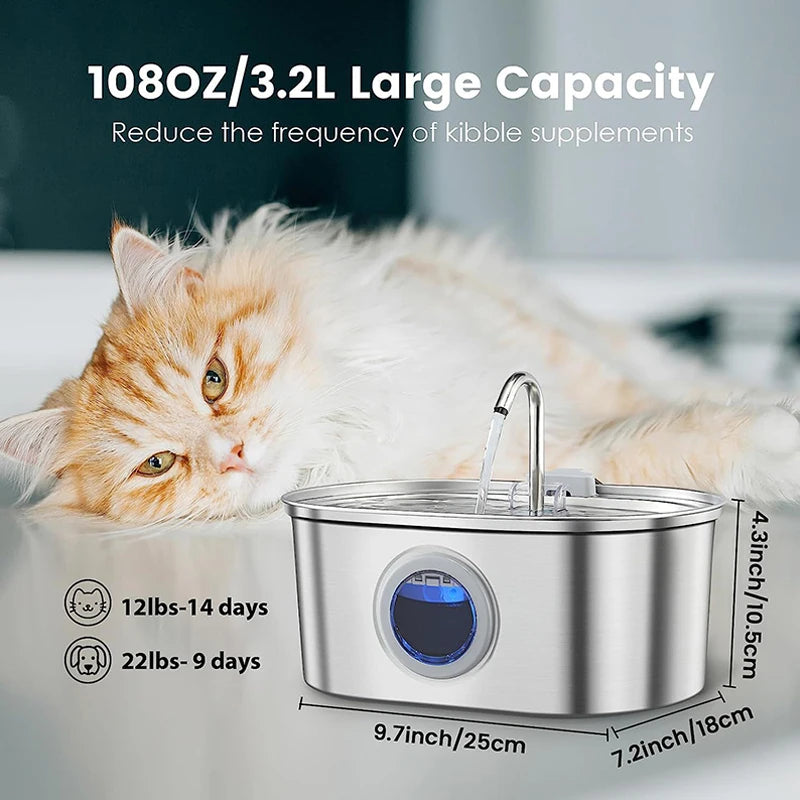 OEM Luxurious Stylish Stainless Steel Automatic Dog & Cat Water Fountain 3.2L/108oz with LCD Display Pet Water Fountain