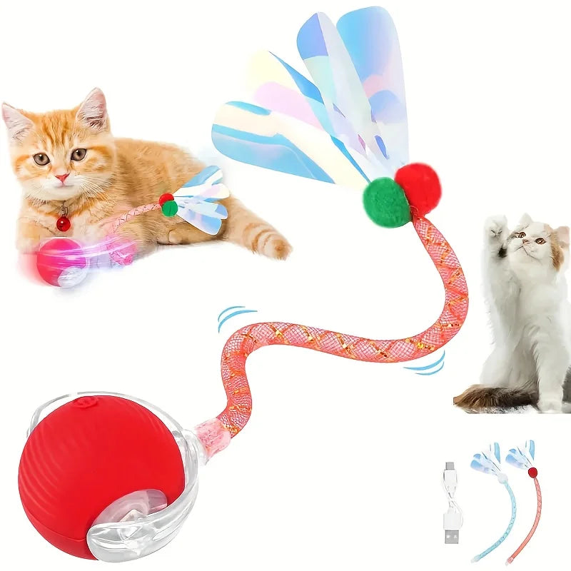 Interactive Cat Toy Ball with Replaceable Tail Automatic Moving Cat Toys Indoor Electric Interactive Rolling Ball for Dog Cat