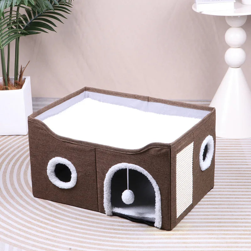 Cat House for Indoor Cat Bed Cave with Fluffy Ball Scratch Pad Foldable Cat Hideaway Covered for Multi Small Pet Large Kitty