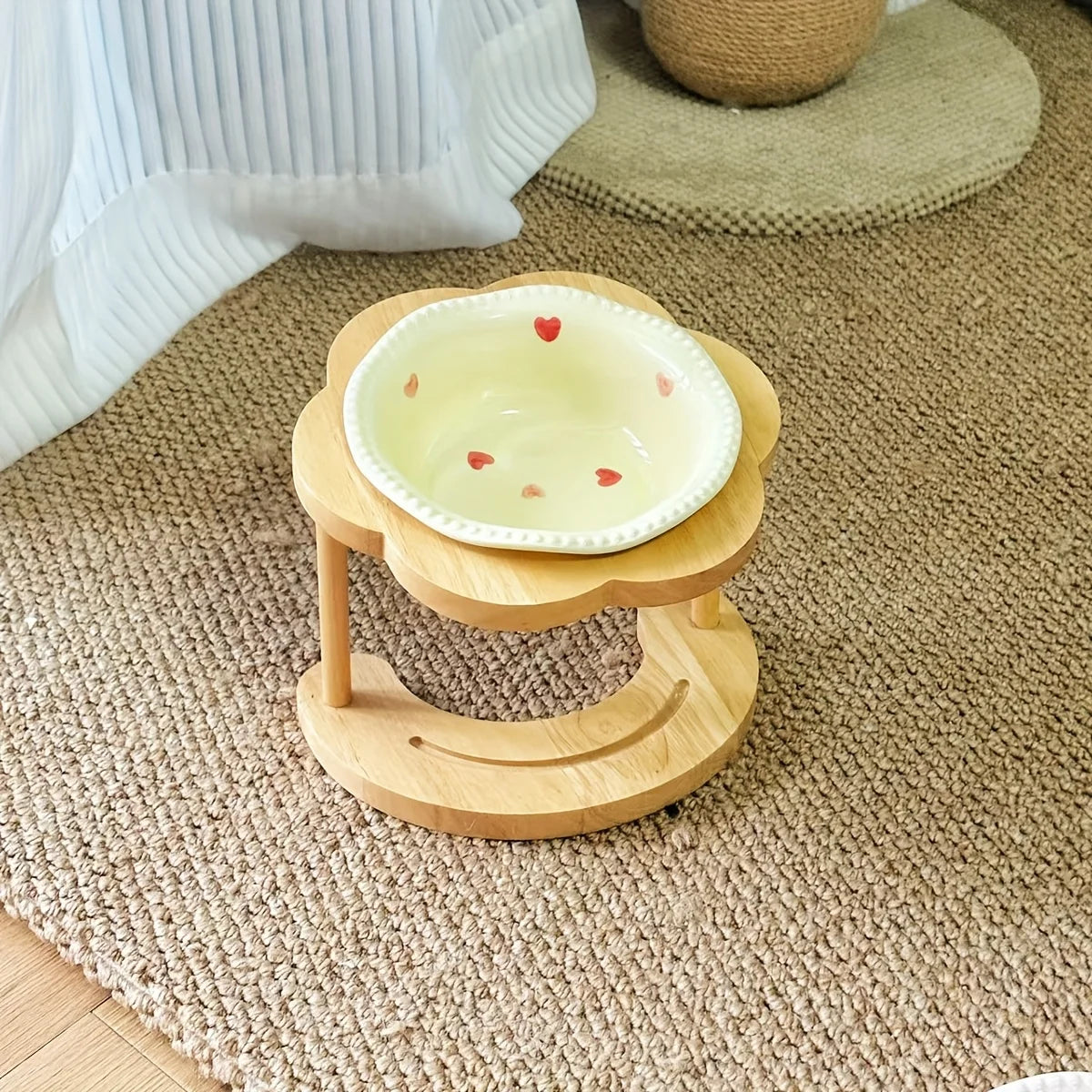 Ceramic Cat Bowl with Wooden Floral Stand Elevated Anti-Slip Pet Feeding Dish Thickened Cute Pet Bowl Set for Cat & Dog