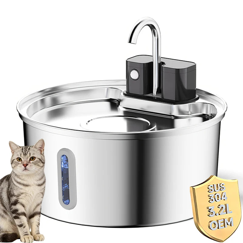 OEM 3.2L Wireless Pet Water Dispenser USB/Battery Stainless Steel Cat Water Fountain with Visible Window Remote Control