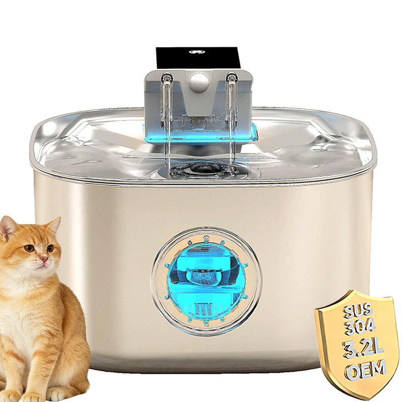 2026 New OEM 3.2L Stainless Steel Cat Water Dispenser Wireless Cat Water Fountain Smart Circulation Window Model for Multi Cats