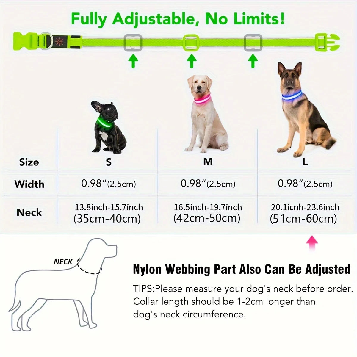 Waterproof LED Dog Collar Rechargeable Dog Light up Collar Keep Pet Safe at Night Walks Adjustable for Small Medium Large Dogs