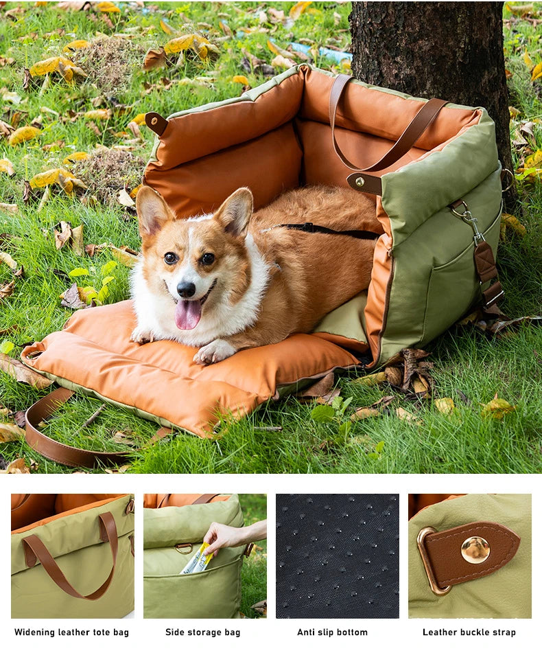 Deluxe Faux Leather Pet Car Seat Booster Bed Dog Car Seat Bed with Safety Buckle Customized LOGO Luxury Dog Beds Pet Car Seat