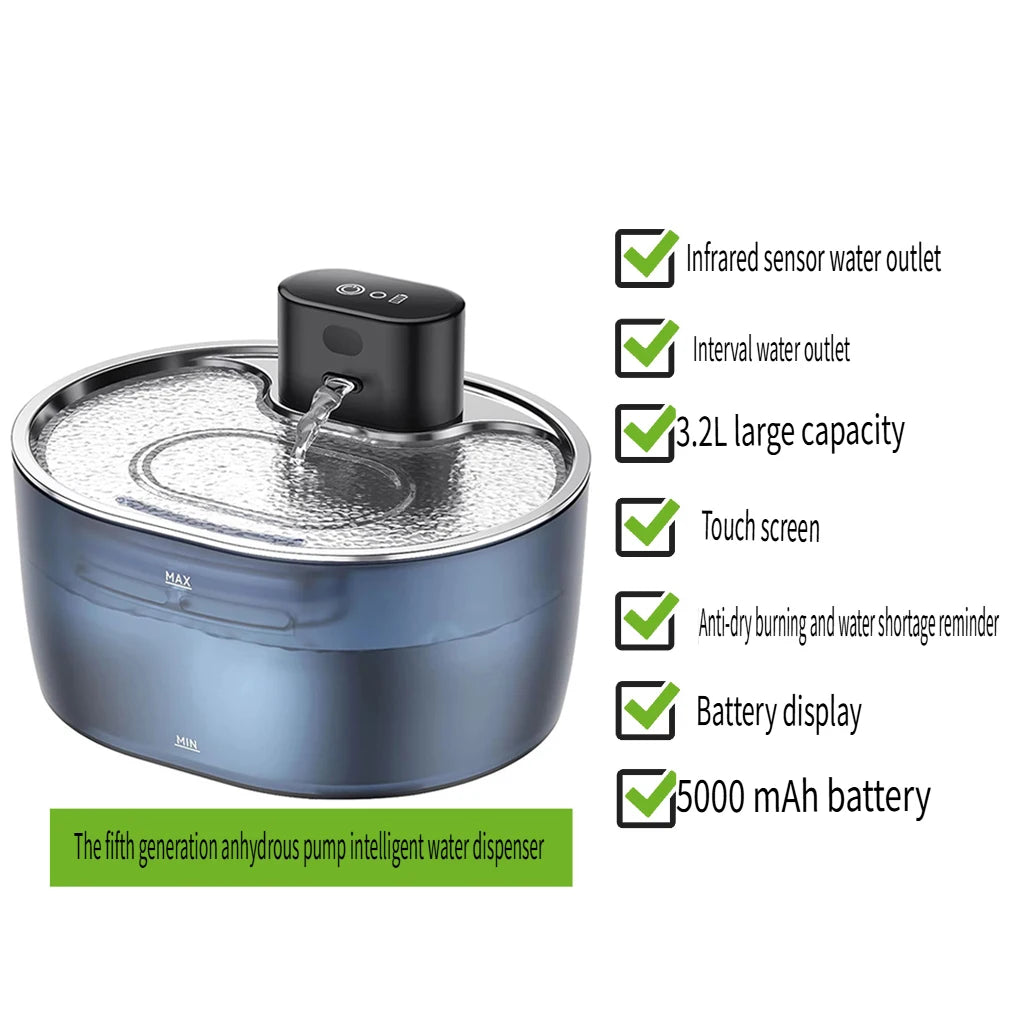 5000mAh Pumpless Wireless Cat Water Fountain 3.2L Induction Smart Pet Water Dispenser Screen Touch Sense Automatic Pet Supplies