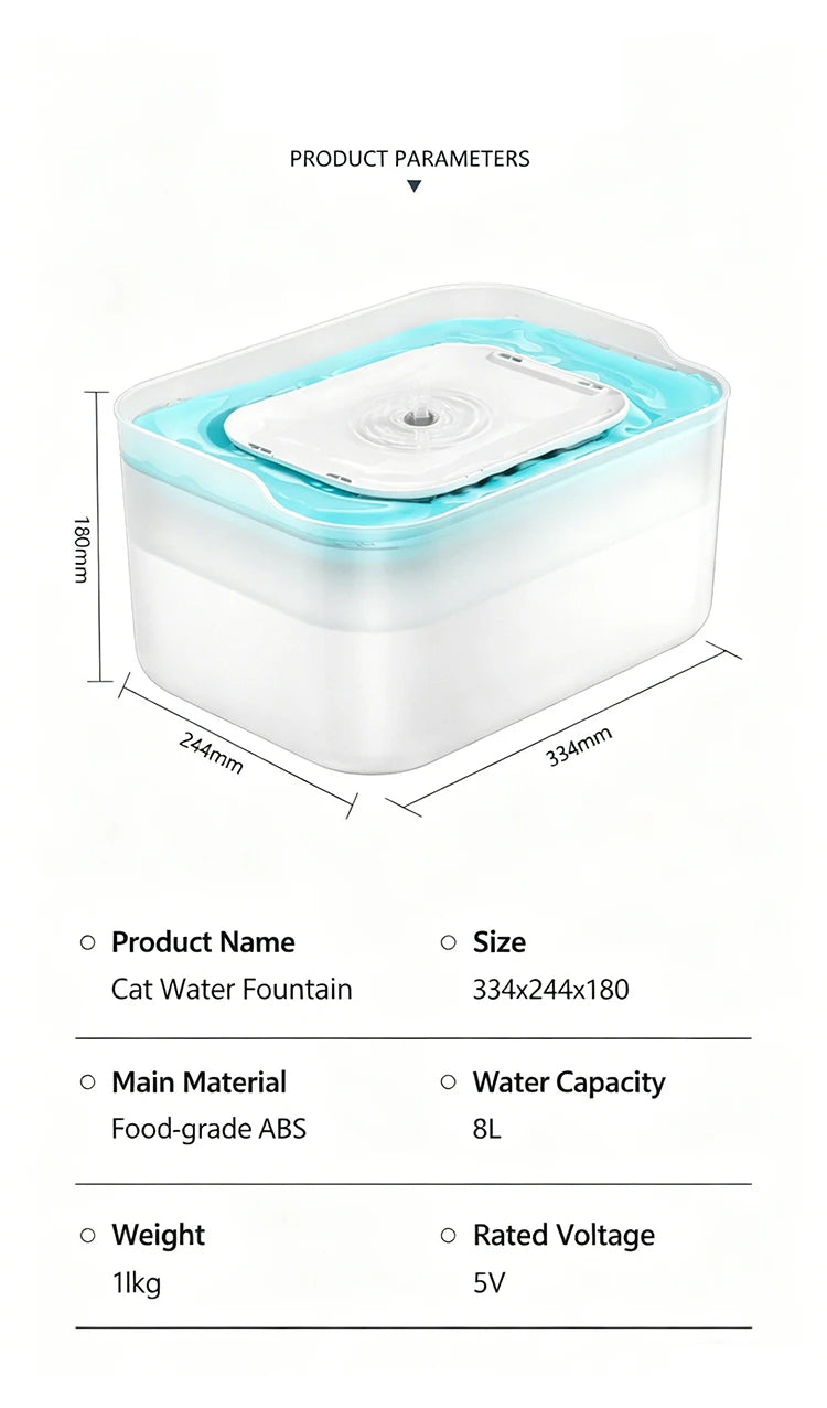 Custom 8L Large Capacity Automatic Cat Water Fountain for Dogs USB Quiet Dog Water Fountain Wholesale Pet Drinking Fountain